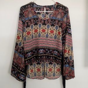 See You Monday Women’s Boho Festival Top with Fringed Bell Sleeves Size L